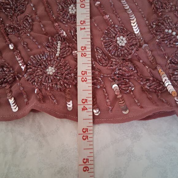 MAC DUGGAL Jewel Lined Neck Long Sleeve Tea Length Rosewood Floral Beaded Sz 12 - Picture 9 of 14